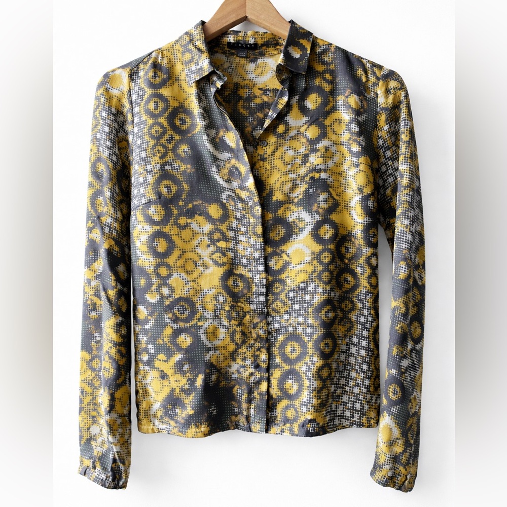 Sisley 100% Silk Graphic Blouse | Yellow Black Abstract Print Button Down Top S